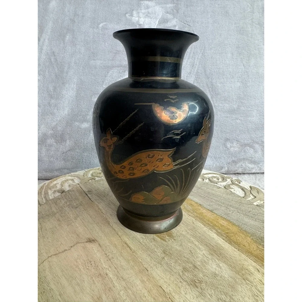 Vintage Black Etched Brass Vase Deer Gazelle Floral Palm‎ Tree Design 9.5 Inch